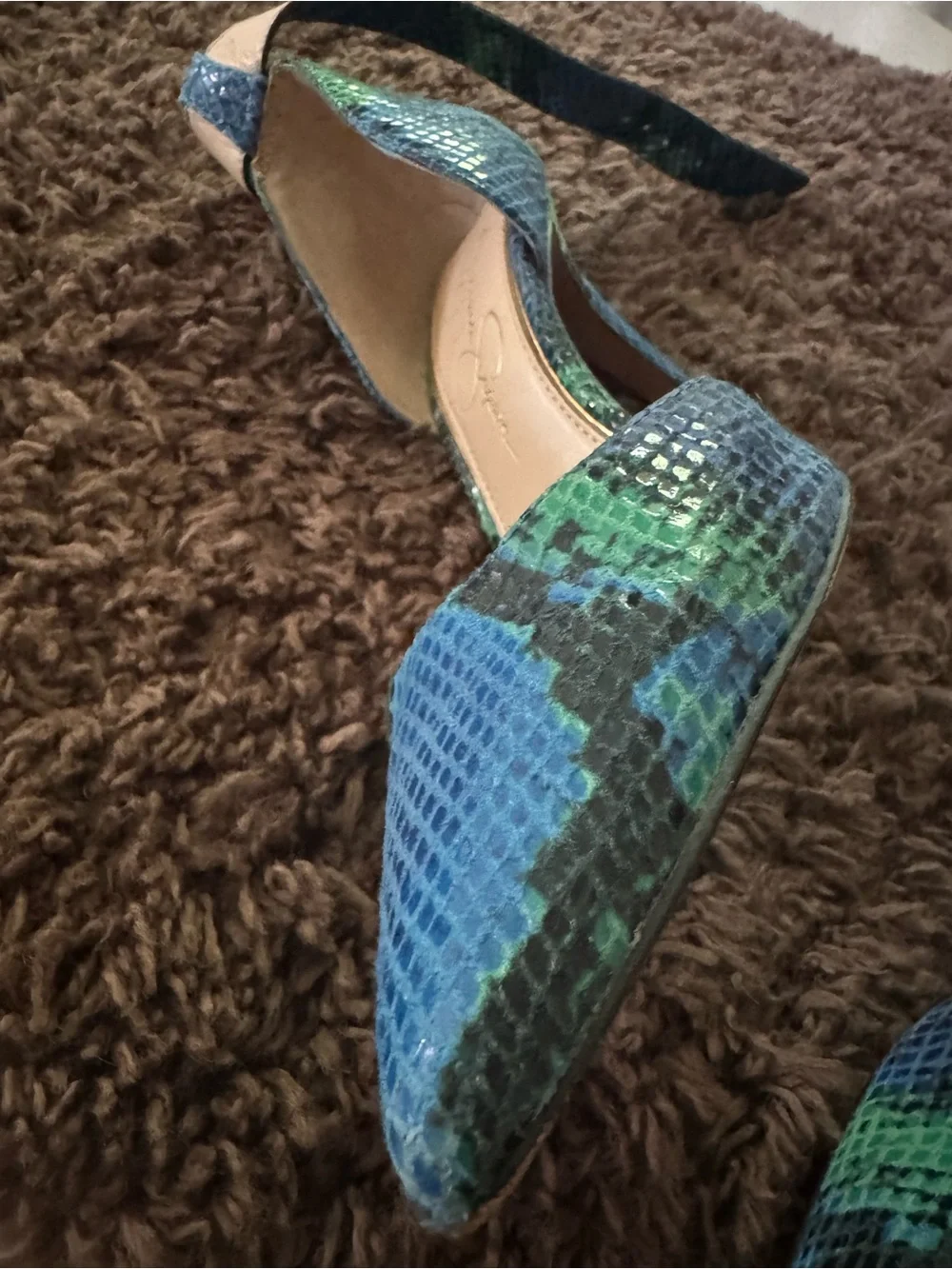 Jessica Simpson Blue and Green Snake-Print Pointed-Toe Ankle-Strap Heels